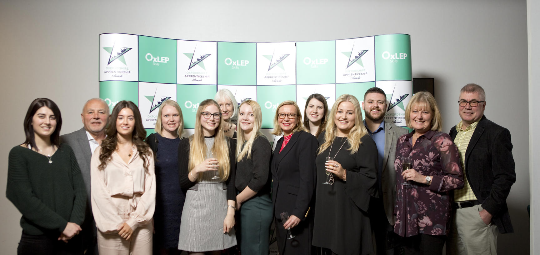 A mixed group of university members, made up of apprentices, their managers and the Apprenticeships team at the 2019 Oxfordshire Apprenticeship awards