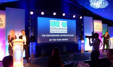 University of Oxford apprentice, Sophie, on stage at the Oxfordshire Apprenticeship Awards 2018