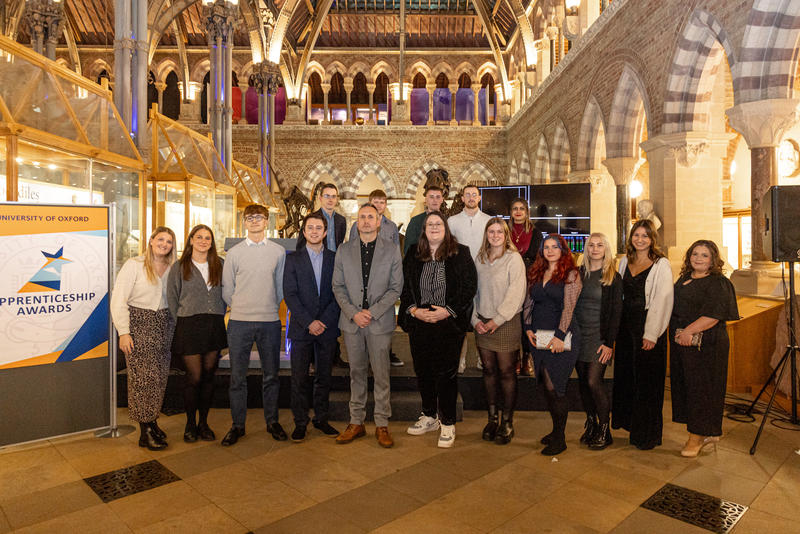 A mixed group of university members, made up of apprentices, their managers and the Apprenticeships team at the 2019 Oxfordshire Apprenticeship awards